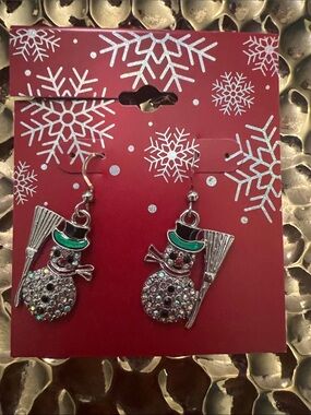 #2361** Rhinestone Snowman Dangle Earrings with Green Accent